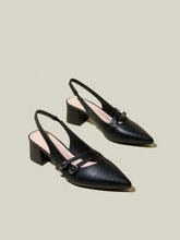 Women's Black Pointed Toe Double Buckle Strap Chunky Heel Pumps, Elegant Pointed Toe Formal High Heels